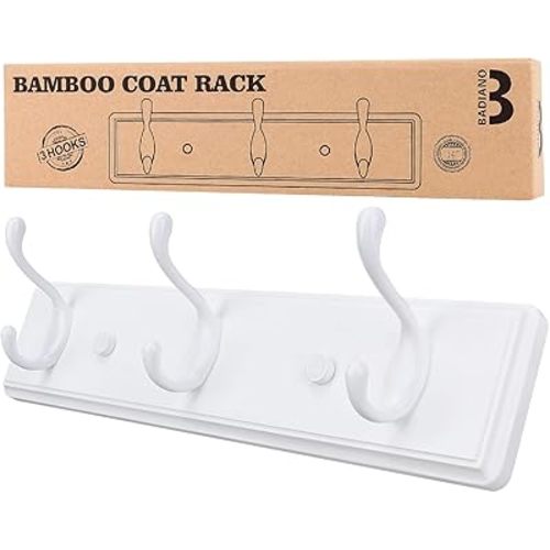 Badiano Wooden Coat Rack, Wall-Mounted Organizer for Closet, Entryway, Hallway, Foyer, Bedroom, Heavy Duty Double Hooks for Hanging Towels, Bags, Hats, Jackets, Key (White, 3 Hooks)