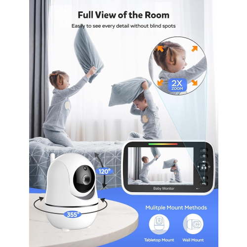 ASDF Baby monitors with Camera and Audio - No WiFi, Remote Pan-Tilt-Zoom, Night Vision, Temperature Sensor, 2-Way Talk, 8 Lullabies, 30-Hour Battery Life，960ft Long Range