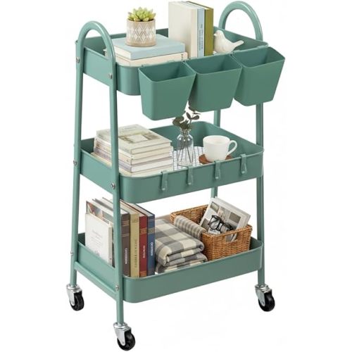 danpinera 3-Tier Rolling Cart, Utility Cart Mobile Metal Rolling Storage Cart with Lockable Wheels & Hanging Cups & Hooks for Kitchen, Bathroom, Office, Workshop, Green