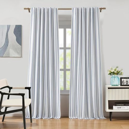 ZJDECOR Striped Full Blackout Curtains 95 Inches Long for Bedroom,Blue Stripe on White Cotton Blended Light Filteirng with Darkening Liner,Back Tabs Rod Pocket Window Treatment,55" Wx95 L(Pack of 2)