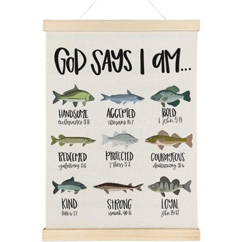 Nrleey God Say I Am Christian Wall Decor with Wooden Poster Hanger - Boys Room Decor, Inspirational Fish Bible Verses Wall Art Posters for Kids Boys Bedroom Playroom Nursery, 12x16 Inch