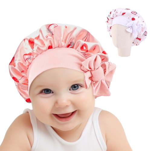 DODAMOUR 2 Pack Satin Silk Bonnet Hair Cap for Kids, Adjustable Sleep Bonnet with Elastic Tie, Double Layer Night Hair Hats for Teens (Red, White)