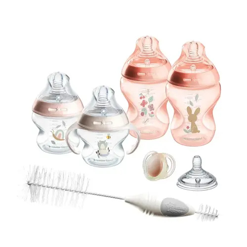 Tommee Tippee Natural Start Baby's First BPA Free Bottle 8 Piece Set, 2 x 5oz and 2 x 9oz Anti-Colic Bottles, Slow and Medium Flow Nipples, 0-6 Month Pacifier, Pink