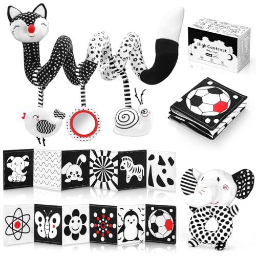 AJsupojouet High Contrast Black and White Baby Toys 3-Piece Newborn Essentials Set with Hanging Toys,Rattle Crib Mobile,baby Book & Car Seat Stroller Toys for 0-3-6-12 Months Infant Development