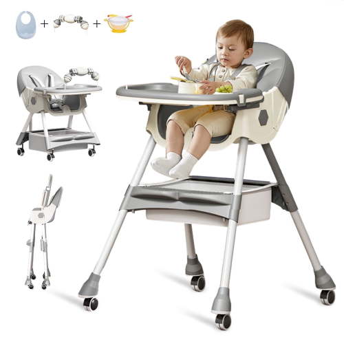 4-in-1 Infant to Toddler High Table, Adjustable Baby Dining Chair with Five-Point Harness, Dinner Plate, Toy Rack, Gray