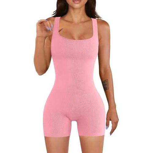 Women's Ribbed Seamless Athletic Square Neck Workout Tank Bodycon One Piece Romper