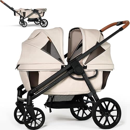 Wagon Stroller for 2 Kids, Foldable All-Terrain Stroller Wagon with Removable UV-Protection Canopy, Adjustable Push/Pull Handle, Snack Tray, Cup Holders & Storage Basket for Baby and Toddler（Khaki）