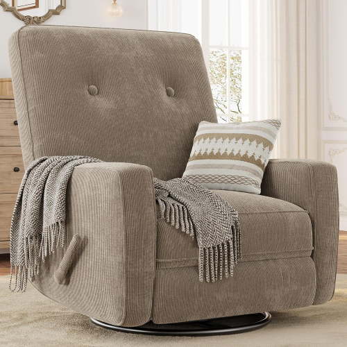 Nursery Recliner Chair, 360° Swivel Rocking Glider Chair for Adults with Adjustable Backrest & Footrest, Cozy Corduroy Upholstered Armchair for Living Rooms, Bedrooms, Apartments, Light Brown
