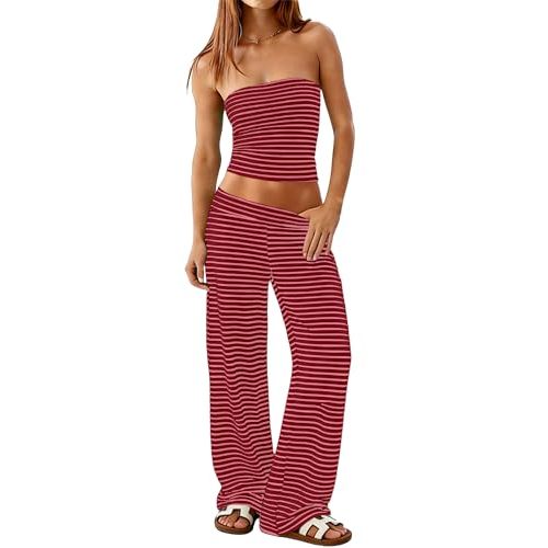 Women Striped Two Piece Set Tube Top Wide Leg Pants Summer Casual Matching Lounge Set Beach Vacation Travel Burgundy Pink XS