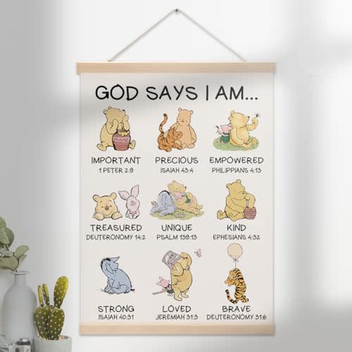 Wall The Pooh Nursery Wall Decor,Baby Room Hanging Wall Art Decoration,Wooden Hanging Canvas Religious Gifts, Cute Pooh Biblical Affirmations Art, I Will Nursery Decoration For Men Women
