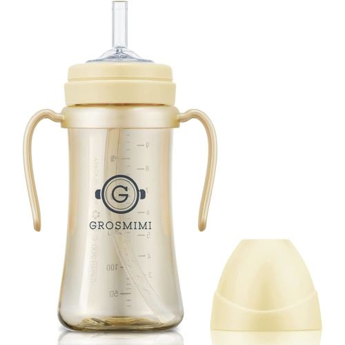 GROSMIMI Spill Proof no Spill Magic Sippy Cup with Straw with Handle for Baby and Toddlers, Customizable, PPSU, BPA Free 10 oz (Butter)