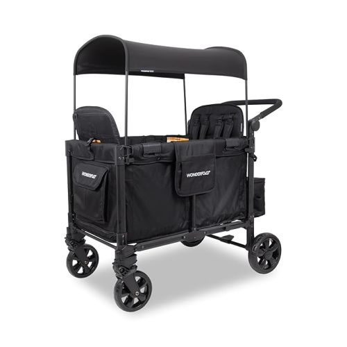 WonderFold W4 Elite Pro Stroller Wagon - Foldable Wagon with Aluminum Frame - Adjustable Canopy & Push Handle - All-Terrain Wheels - For Babies, Toddlers & Kids - 4 Seater - Jet Black
