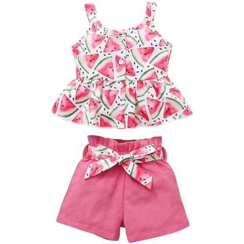 Kucnuzki Toddler Baby Girl Clothes Summer Outfits Ruffle Sleeveless Linen Shirt Kid Short Set for Girl