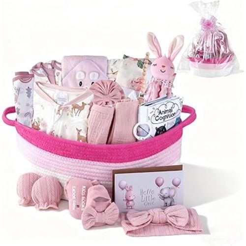 22-Pcs Baby Girl Gift Basket Set, Pink (0-12M Newborn) | Premium Baby Shower Gifts for Girls: Newborn Essentials Set in Woven Basket with Balloon & Bow, Ultimate Welcome Baby Package