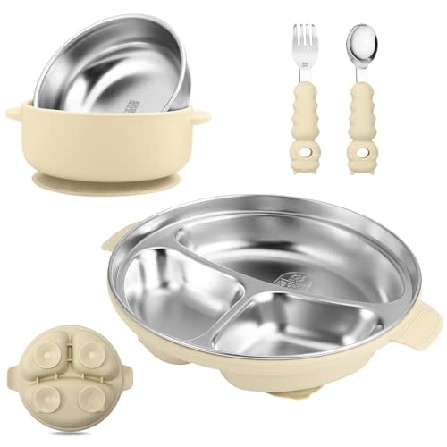 Stainless Steel Baby Plate and Bowl with Suction, Baby Bowl and Divided Kids Toddler Plate with Removable Silicone Shell, Non-Slip Toddler Baby Feeding Set, Forks + Spoons Included-Cream