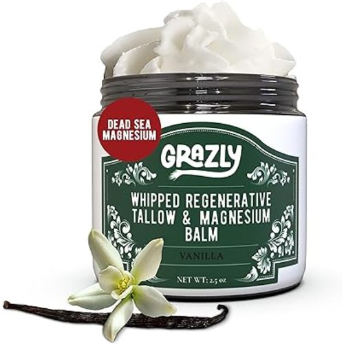 Grazly Whipped Beef Tallow for Skin w/Dead Sea Magnesium, Manuka Honey, Jojoba Oil & Vanilla - Grass Fed Beef Tallow Balm - Body & Face Moisturizer for Dry, Sensitive Skin - 2.5oz