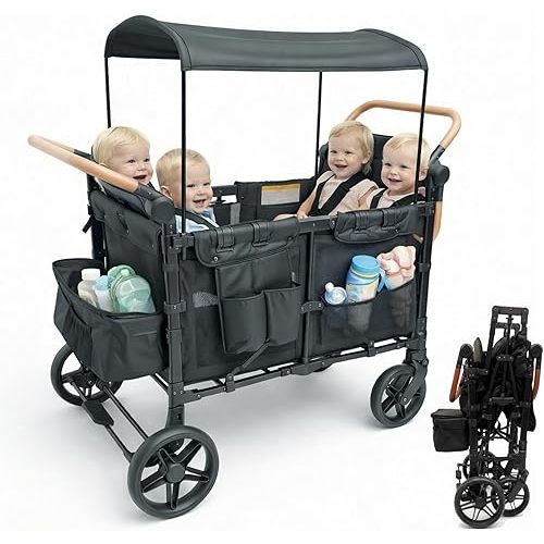 4 Seater Stroller Wagon, 240LBS Load Capacity, Alloy Kids Wagon Stroller with All-Terrian Wheels, 5 Point Haeness & Removable Canopy, Foldable Baby Wagon for Infants, Black