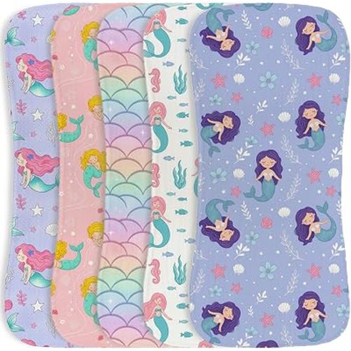 5Pack Baby Burp Cloths for Baby Girl Ocean Theme Cute Mermaid Design Organic Cotton Burping Cloth Ultra Absorbent Contoured Spit Up Cloths Soft Feeding Towels for Newborn Baby Shower Essentials Gifts