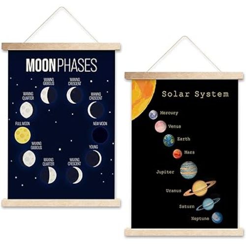 HEZNZXQ Solar System Hanging Flag, Moon Phase Canvas Wall Art, Space Poster Hanger, Set Of 2 Educational Posters For Boys Room, Outer Space Room Decor, 14