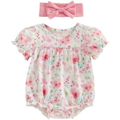Newborn Baby Girls Summer Outfits Flower Print Short Sleeve Round Neck Romper and Headband Set Cute Clothes