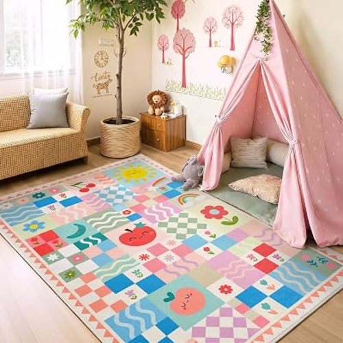 5x7 Washable Kid Bedroom Rug for Girls, Pink Baby Nursery Area Rug, Soft Non-Slip Toddler Playroom Carpet, Cute Colorful Strawberry Fruit Rainbow Checkered