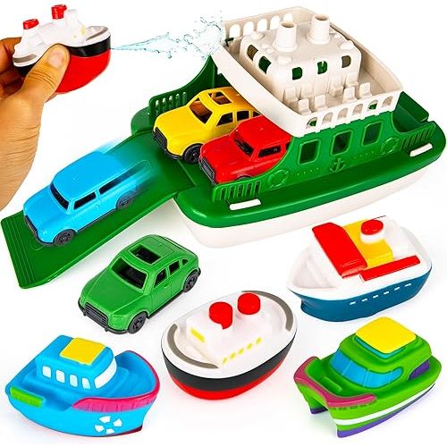 ArtCreativity Ferry Boat Bath Toy for Toddlers - 9 Pcs - Baby Bathtub Floating Water Toy with 4 Mini Cars, 4 Squirter Animals, Lights & Sounds for Imaginative Play - Kids Birthday Gift Party Favor