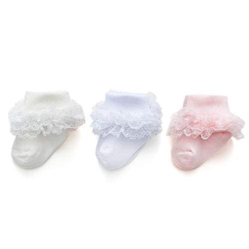 EPEIUS Baby-Girls Eyelet Turn Cuff Ruffle Lace Socks Triple Lace Dressy Socks Newborn/Infants/Toddlers 3/5 Pairs