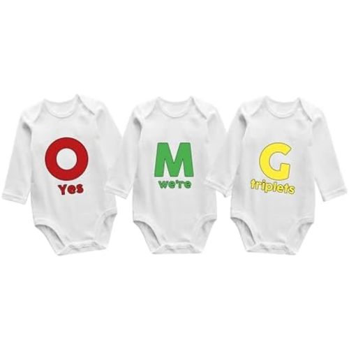 YSCULBUTOL 3-Pack Baby Triplets Bodysuits Omg Funny Infant Long Sleeves Clothes Unisex Twin Outfits