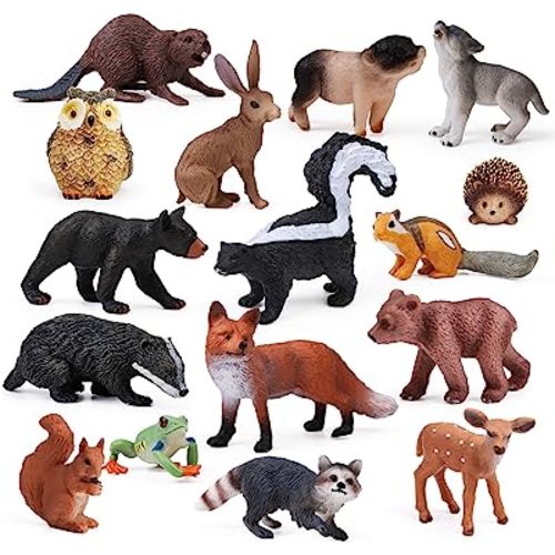 16PCS Forest Animals Baby Figures, Woodland Creatures Figurines, Miniature Toys Cake Toppers Cupcake Toppers Birthday Gift for Kids