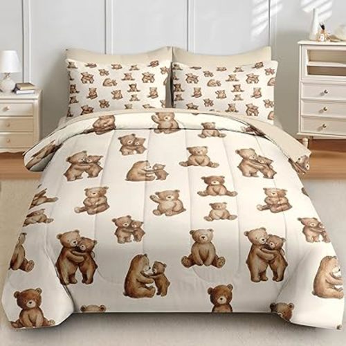 Comforter Set Twin Size, Teddy Watercolor Woodland 5 Pcs Bedding for Kids and Adults, Brown Baby Bed Sheet Sets with Fitted Sheet Pillowcase & Sham for Bedroom Bed Decor