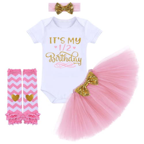 FYMNSI Infant Baby Girl It's My 1/2 Half Birthday Cake Smash Outfit Cotton Short Sleeve Romper Princess Tutu Skirt Leg Warmers Bowknot Headband 4pcs Set 6 Months Party Photo Shooting Props Pink