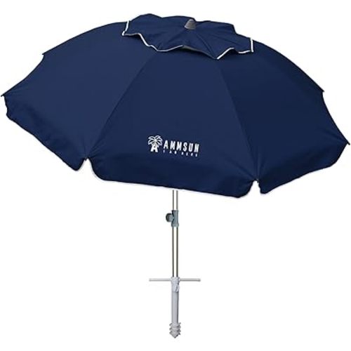 AMMSUN 7ft Beach Umbrella with Sand Anchor Sand Screw, Tilt, Windproof, Sun Protection,UPF 50+ Silver Coating Inside and Telescoping Pole for Outdoor Patio (Solid Navy)