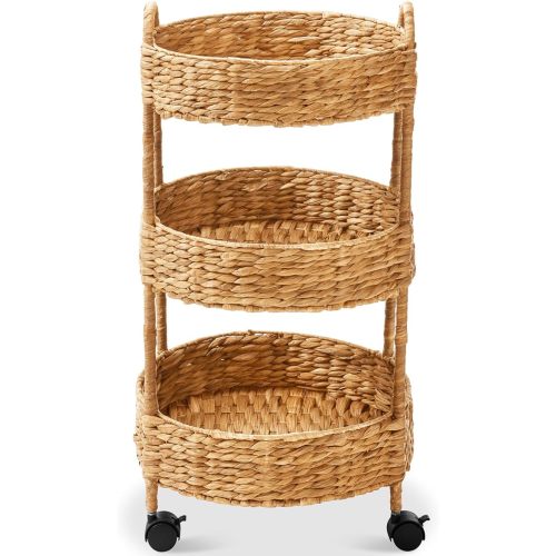 Best Choice Products 3-Tier Round Rolling Nursery Caddy w/Wheels, Handwoven Utility Cart, Storage Organization for Bathroom, Craft Room, Laundry Room - Natural