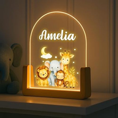 Custom Name LED Night Lamp – 5x7 Personalized Nursery Night Light, Bedroom Decor for Kids, Wooden LED Base Acrylic Bedside Light Valentines Day (Zoo)