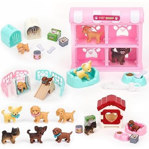 SweetAce 32Pcs Dog Toys for Kids Pretend Play Dog Figures Playset Toddlers Toy Interactive Puppy Role Play Set Realistic Dogs Care Center Birthday Gifts for 3 4 5 6+ Year Old Girls and Boys
