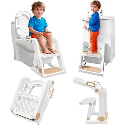Potty Training Seat, Primlect Upgrade Toddler Toilet Seat for Kids Boys Girls, 2 in 1 Potty Training Toilet with Step Stool, Adjustable Seat and Ladder, Non-Slip Pad, Splash Guard (M-Brown)