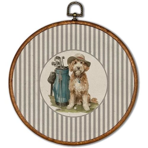KSDUT Vintage Dog Poodle Golf Wall Art Decor - Retro Sports Trendy Wall Art Canvas Frame Hanging Prints, Nursery Sports Gallery Round Artwork Decor for Boys Room Home Decorations 10"x10"