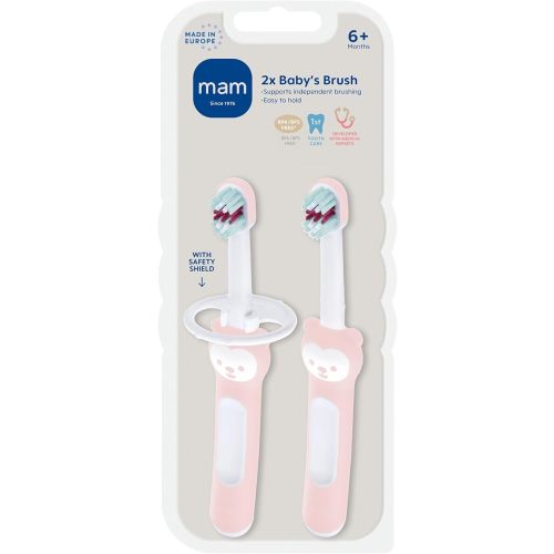 MAM Baby Toothbrushes (2 Baby's Brushes and 1 Safety Shield), Toothbrushes with Brushy The Bear Character, Interactive App, for Girls 6+ Months, Pink