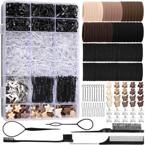 Accesorios para el cabello negro para niñas, 1705 unidades de bandas elásticas para el cabello con pinzas para el cabello, herramientas para la cola del cabello, accesorios para el cabello para niñas