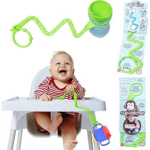Brilli Baby Cup Catcher Patented Safety Tether Strap, Attach Sippy Cups, Bottles, Pacifiers & More to Stroller, High Chair, Car Seat, Made in USA, Food Grade, Dishwasher Safe, Aqua/Navy
