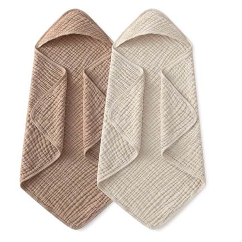 Yoofoss Hooded Baby Towels for Newborn 2 Pack 100% Muslin Organic Cotton Baby Bath Towel with Hood for Babies, Infant, Toddler and Kids, 32x32Inch, Soft and Absorbent Newborn Essential, Beige&Coffee