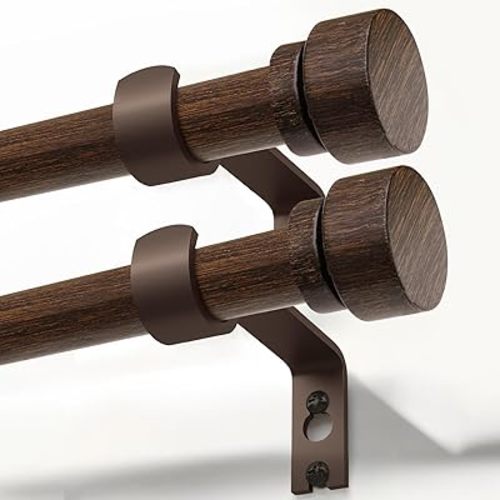 2 Pack Deep Walnut Wood Curtain Rods for Windows 28 to 48 Inches 1" Diameter Heavy Duty Window Curtain Rod Adjustable with Handmade Wood Grain Design for Living Room Bedroom Kitchen Farmhouse Outdoor