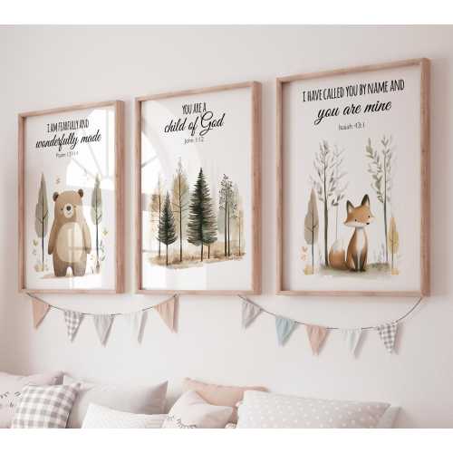 Woodland Nursery Prints: Bear, Fox, Forest, Bible Verse Art