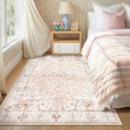CAPALOCA Machine Washable Rugs Nursery Rug 4x6 Cute Girl Non Slip Low Pile Water Repellent Soft Print Pattern for Bedroom Indoor Decor Kids Playroom Pink