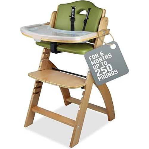 Abiie Beyond Junior Wooden High Chair with Tray. The Perfect Adjustable Baby Highchair Solution for Your Babies and Toddlers or as a Dining Chair. 6 Months up to 250 Lb. Natural Wood/Olive Cushion