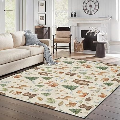 Area Rugs 5'x7' Washable Rug, Woodland Watercolor Nursery Stain Resistant Non Slip Backing Forest Animals Carpet for Living Room Bedroom Dining Room