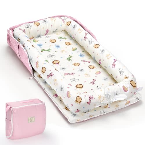 Baby Lounger for Newborn, Portable Infant Lounger for 0-24 Months Newborn, Home Travel Dual-Purpose Baby Nest (Animal World Pink)