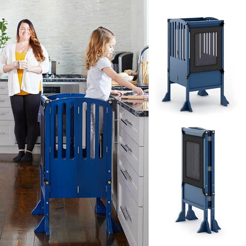Guidecraft Contemporary Kitchen Helper® Stool - Royal Navy: Folding Toddler Safety Tower with 2 Keepers and Non-Slip Mat, Adjustable Height Step Stool for Little Helpers, Kids Learning Furniture