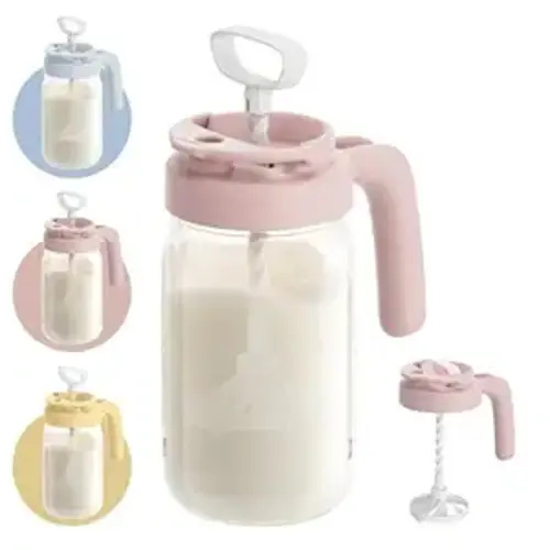 Papablic Glass Breastmilk Pitcher, Fast Baby Formula Maker with Mixing Handle Lid, Wide Mouth Mason Jar Breast Milk Storage Container with Flip-Lock Spout, BPA-Free, Pink.