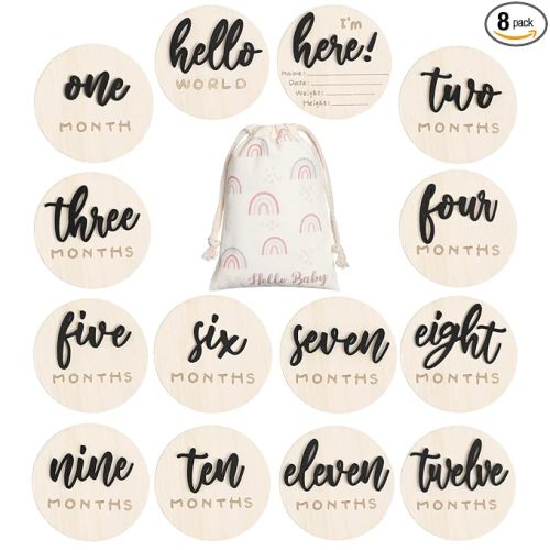 7 Pack 3D Baby Monthly Milestone Card Signs Baby Announcement Sign Double Sided Hello World Newborn Signs Wooden Circles Discs for Welcome Newborn Boy Girl Photo Props(Black,Letter)